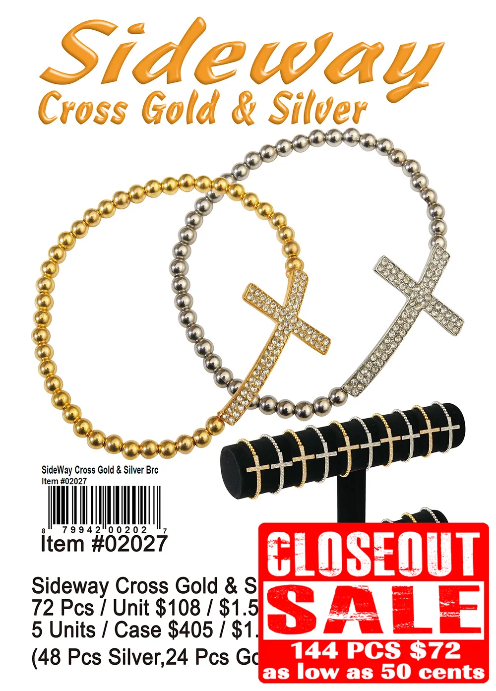 Sideway Cross Gold & Silver Bracelets - Closeout 144 Pcs.